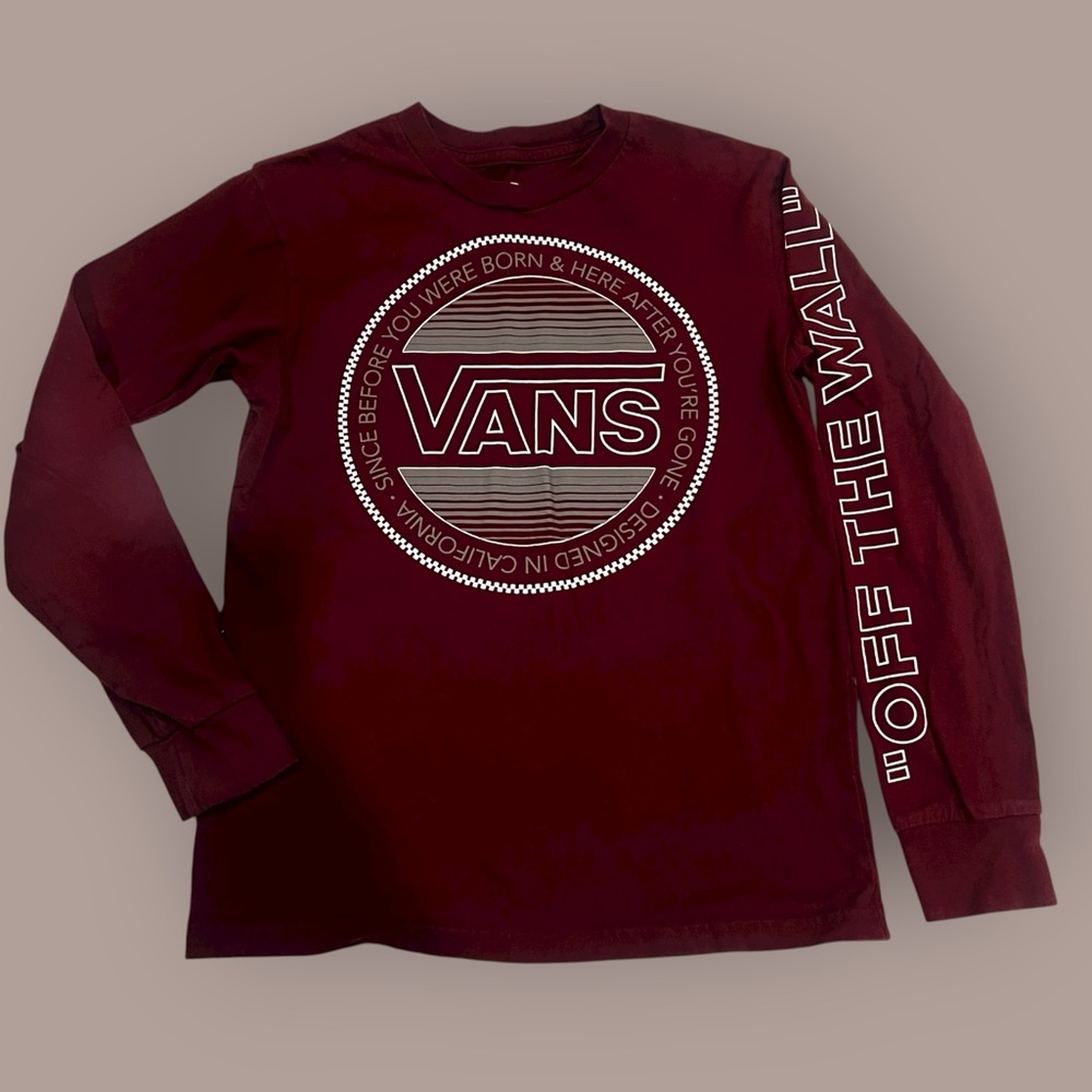 Vans Shirt Youth Boy's Small (8) burgundy, red Long Sleeve Overlay Graphic Tee